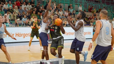Trotz allen Einsatzes (im Bild Joshua Bonga, am Ball), war Medikamente per Klick Bayreuth letztlich gegen den slowakischen Erstligisten Blue Wings Nitra unterlegen.  (Foto: sd)
