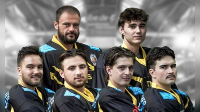 Ilya Anryukhov, Justin Spiewok (oben, von links) sowie Lucas Flade, Paul Reiner, Nicolas Hinz und Lars Bergbauer (vorne, von links) verlassen die onesto Tigers. (Foto: onesto Tigers Bayreuth)