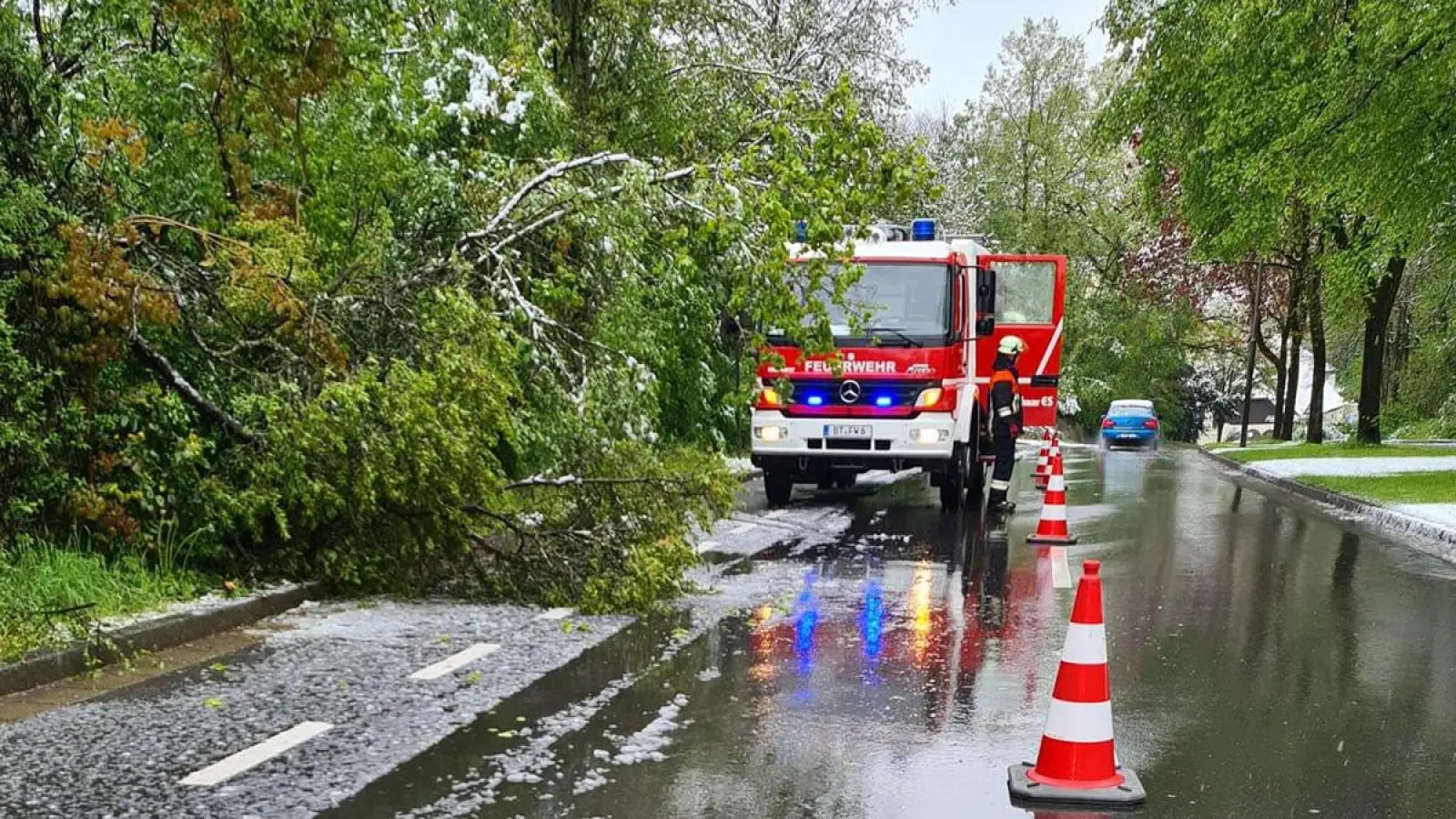 Aufräumarbeiten im Bayreuther Stadtgebiet: Die Bayreuther Feuerwehr beim Einsatz in der Eremitagestraße am Sonntagvormittag. (Foto: Freiwillige Feuerwehr Bayreuth)