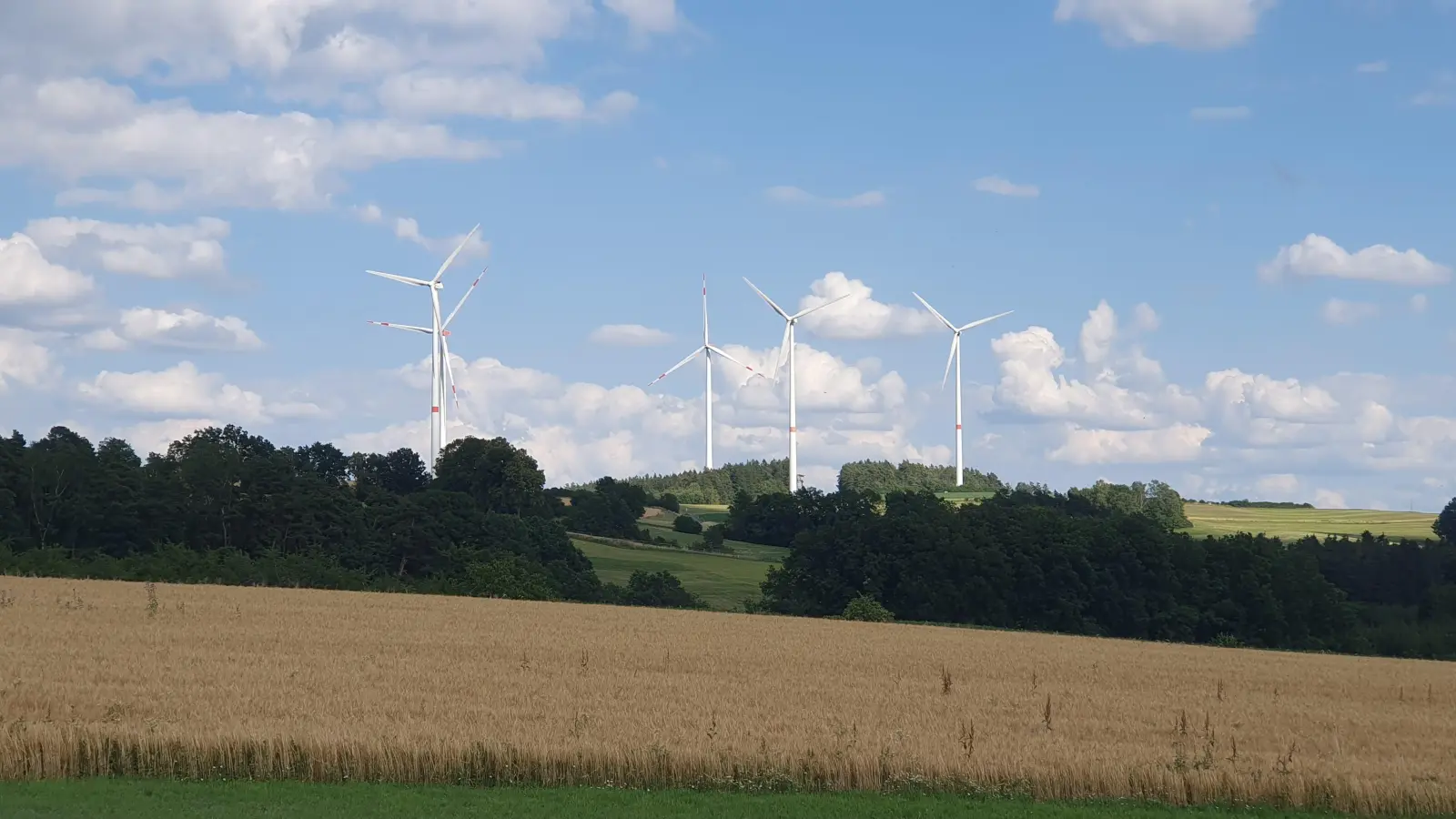 estehender Windpark Creußen III: Drei Windenergieanlagen werden im Zuge des Repowerings durch die Stadtwerke Stuttgart durch zwei neue Anlagen ersetzt. Die übrigen, an den Rotorblättern rot markierten Anlagen gehören zum Windpark Creußen II  (Foto: Neue Energien West eG)