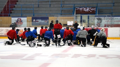 Unter Anleitung von Headcoach Larry Suarez absolvierten die Stammkräfte und Tryout-Spieler der onesto Tigers beim Trainingslager in Slany am Mittwoch die ersten Einheiten auf Kunsteis. (Foto: Tobi Franke)