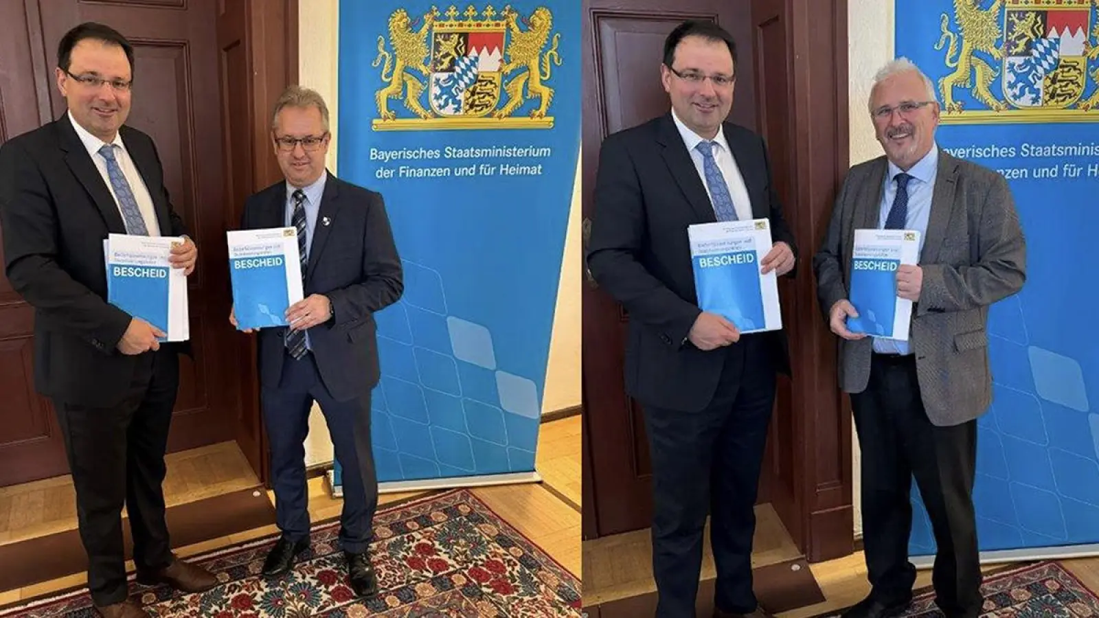 Finanz- und Heimatstaatssekretär Martin Schöffel (jeweils links) mit Bürgermeister Martin Dannhäußer (linkes Bild) und Bürgermeister Hans-Walter Hofmann (rechtes Bild) Fotos: Bayerisches Staatsministerium der Finanzen und für Heimat (Foto: jle)