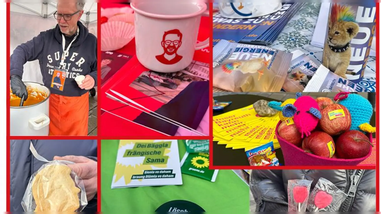 „Darf ich Ihnen etwas mitgeben?“. Der Straßenwahlkampf läuft auf Touren. (Foto: Montage: SaGa Medien & Vertrieb)