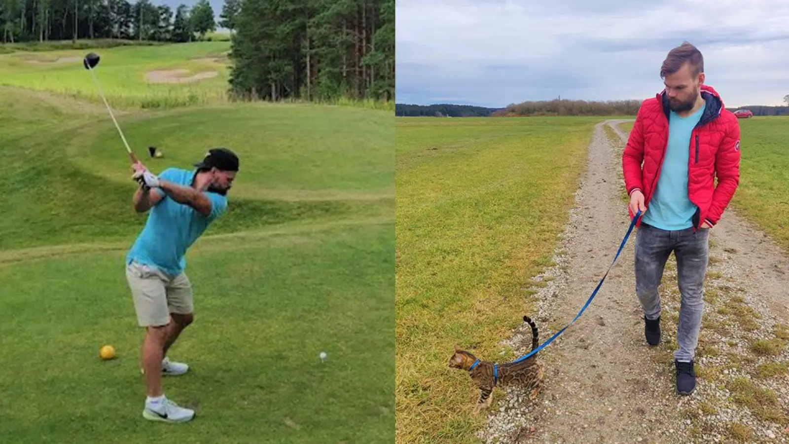 Sami Blomqvist beim Golf und beim Spaziergang mit Kater Bow. (Foto: privat)