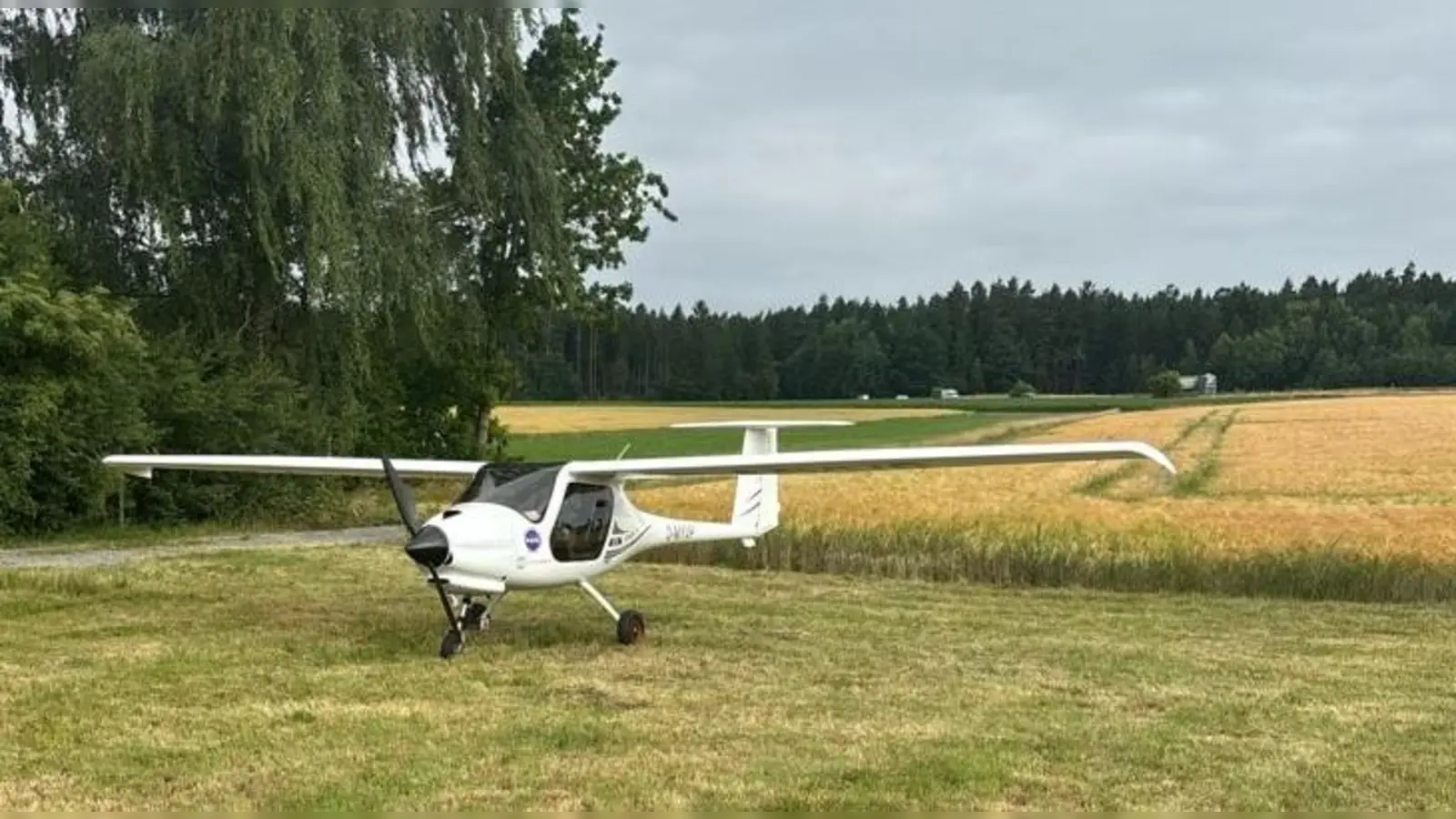 Muss wohl ein guter Pilot sein: Wegen eines technischen Defekts landete dieses Ultraleichtflugzeug bei Speichersdorf in einer Wiese neben der B 22. Foto: Polizei (Foto: red)