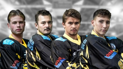 Tim Detig, der bisherige Kapitän Moritz Israel, Konstantin Melnikow und Edmund Junemann (von links) werden in der kommenden Saison der Eishockey-Oberliga Süd nicht mehr für die onesto Tigers Bayreuth auflaufen. (Foto: onesto Tigers Bayreuth)