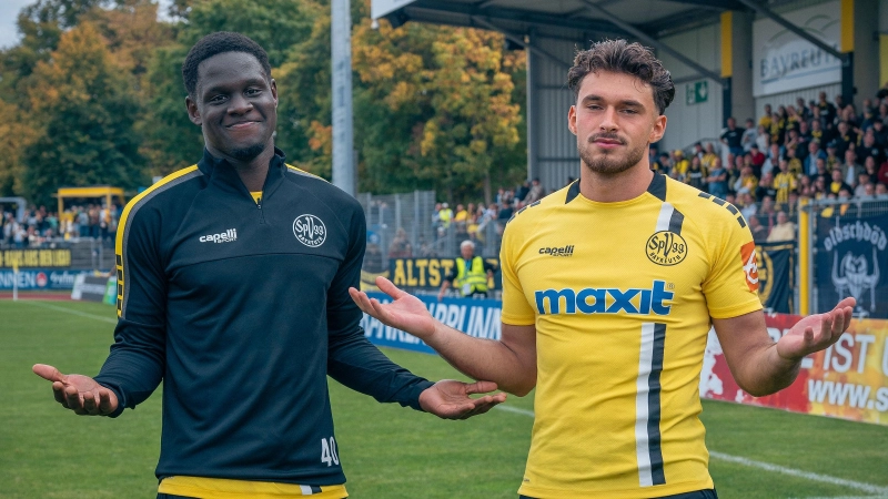 Da war Erijon Shaqiri (rechts) zusammen mit Stürmerkollegen Kelvin Onuigwe vor dem Spiel gegen Landsberg am vergangenen Samstag noch zum Spaßen aufgelegt. Jetzt fällt der bislang erfolgreichste Torschütze der aktuellen Saison 2026/27 verletzungsbedingt bis zur Winterpause aus. (Foto: SpVgg Bayreuth/Simon Helfensdörfer)