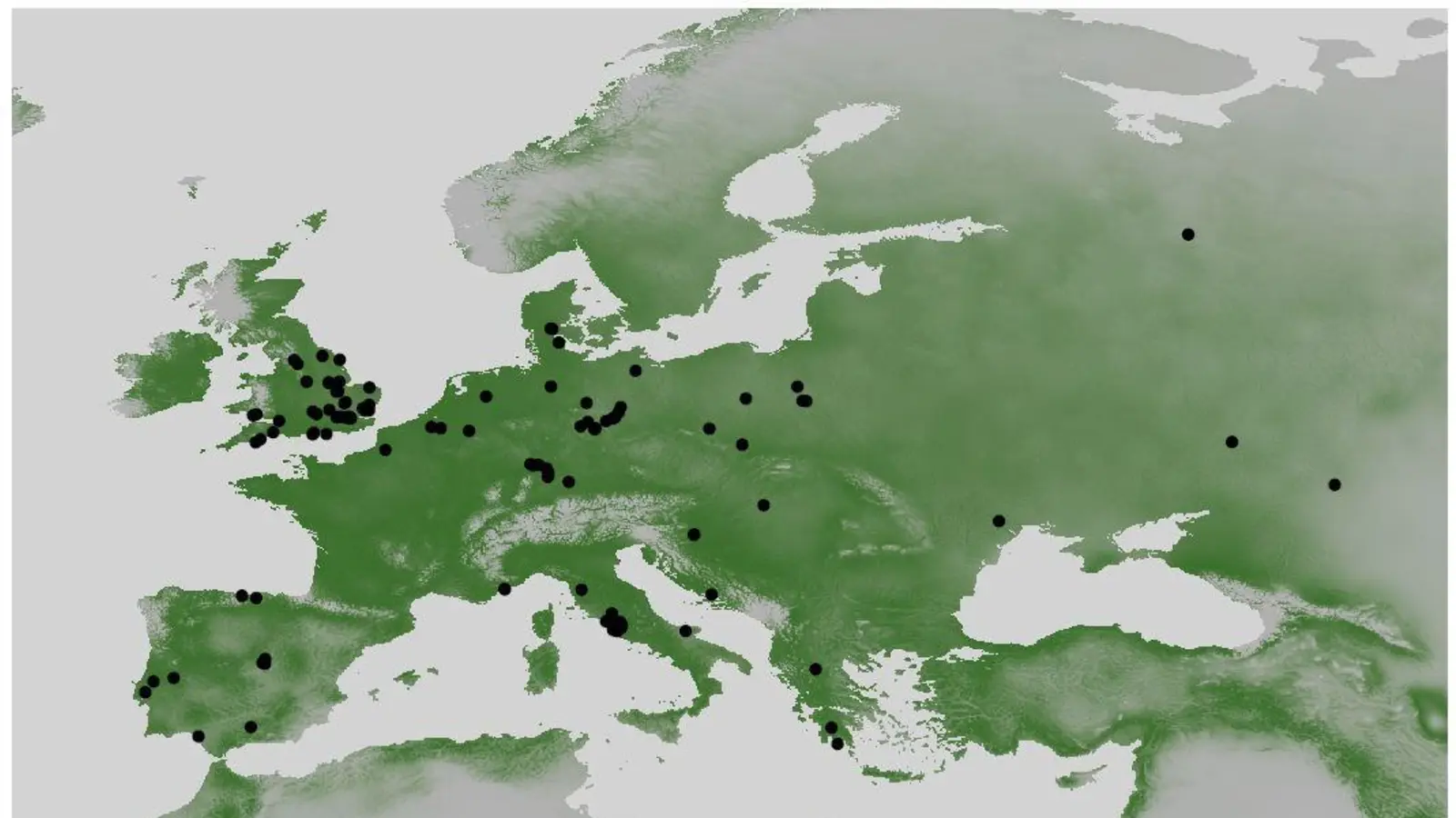 Heutige potenzielle Verbreitung des Waldelefanten in Europa. Grau steht für ein sehr unwahrscheinliches und dunkelgrün für ein sehr wahrscheinliches Vorkommen.  (Foto: Gaiser et al. Frontiers of Biogeography (2025))